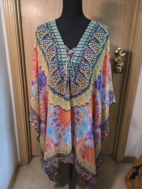 Asa Kaftans Embellished Resort Colorful Boho beach Vacation Tunic Top